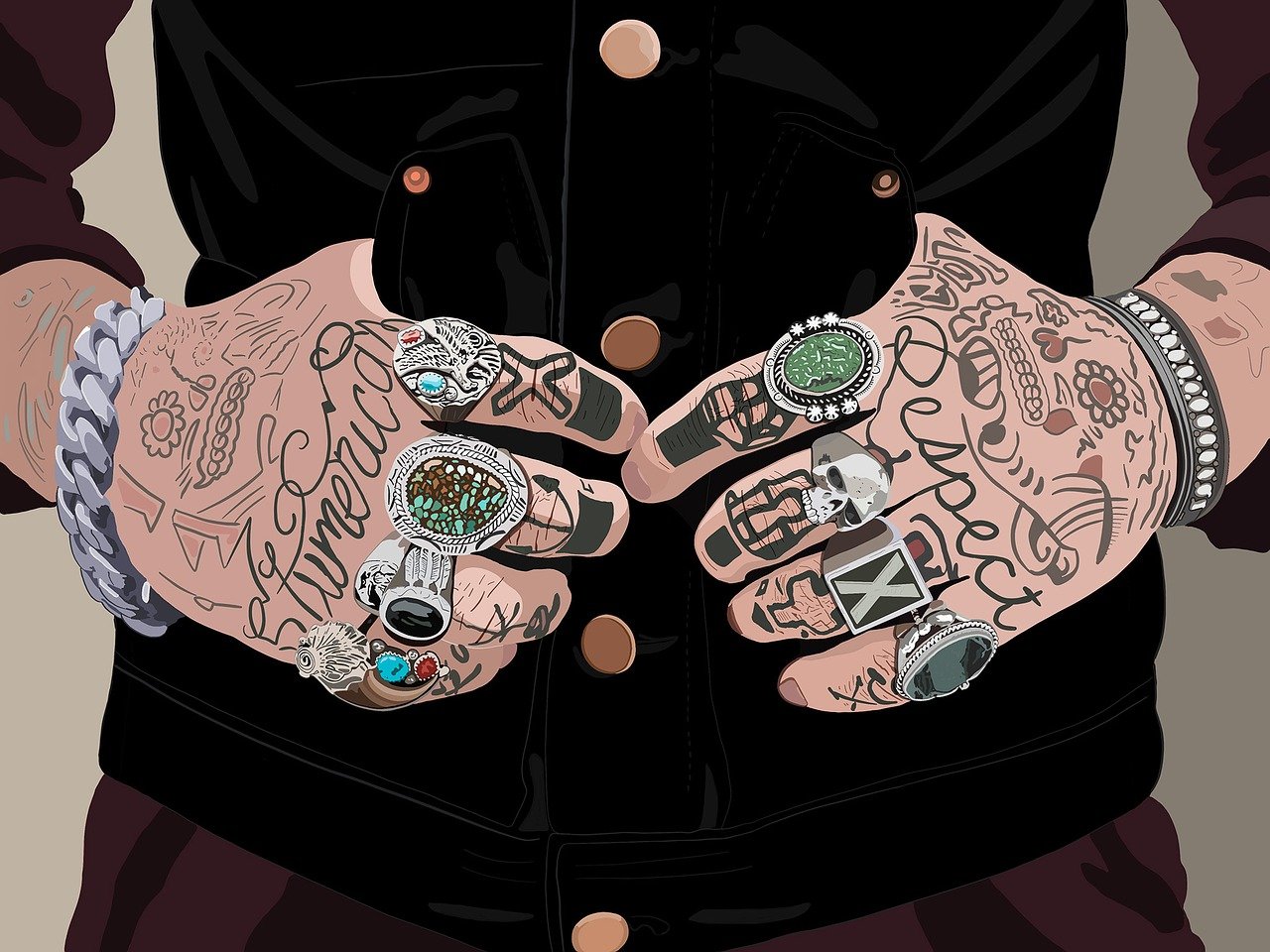 En la imagen se ven unas manos que introducen los pulgares en los bolsillos de un chaleco. Es una ilustración. Las manos están tatuadas y lleva anillos grandes en cada dedo