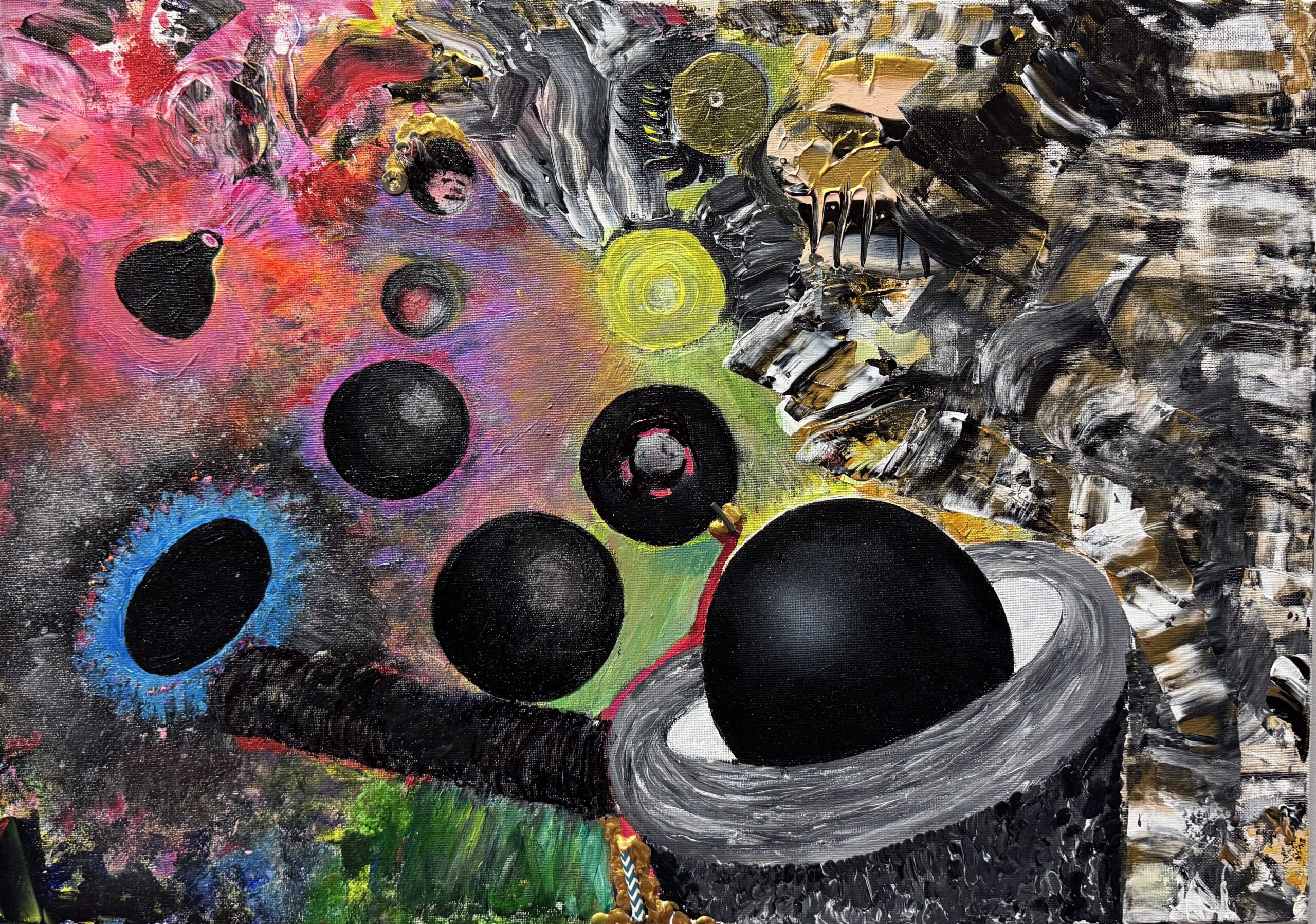 Obra en aacrílico sobre lienzo arte abstracto espacial, pintura de galaxias, arte cósmico abstracto, arte planetario, pintura de Saturno, arte de nebulosas, abstracto contemporáneo, pintura abstracta texturizada, arte espacial expresionista, abstracto colorido, pintura de esferas negras, arte cósmico moderno