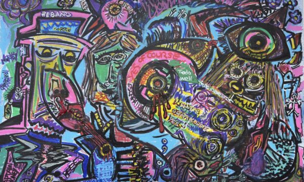 PinkBlue arte familia disfuncional, retrato neo-expresionista, pintura caótica, arte sátira social, arte outsider, texto en pintura, arte horror vacui, expresionismo contemporáneo, arte humor negro, parodia retrato familiar, influencia Basquiat, pintura street art, arte psicológico, pesadilla suburbana, caos figurativo